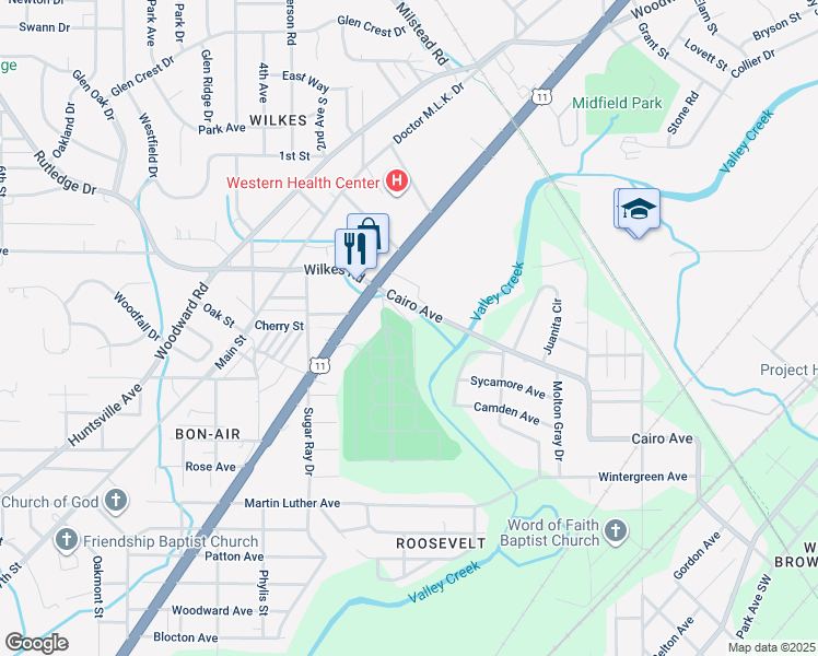 map of restaurants, bars, coffee shops, grocery stores, and more near in Midfield