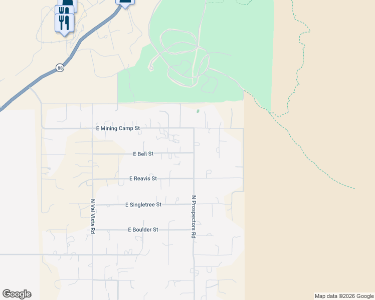 map of restaurants, bars, coffee shops, grocery stores, and more near 3690 North Prospectors Road in Apache Junction
