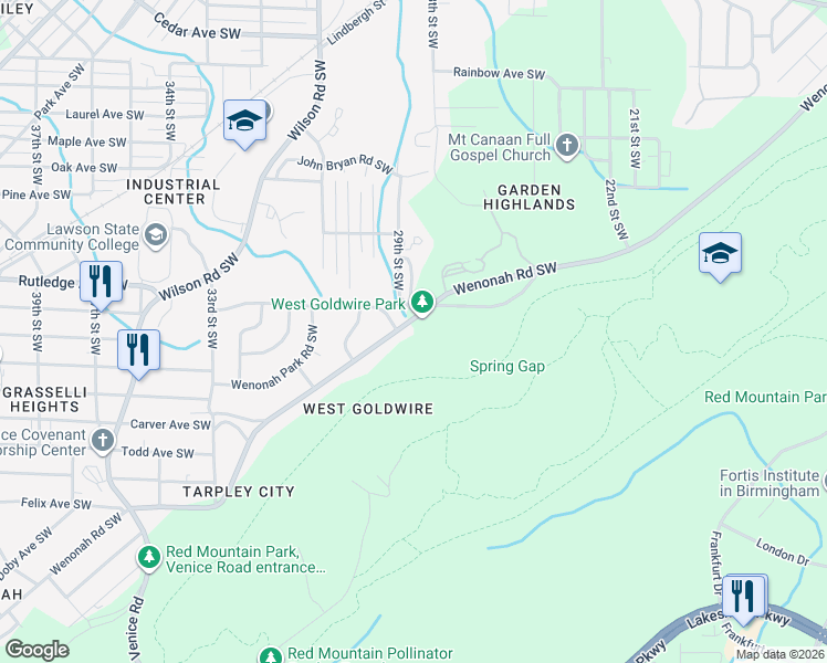 map of restaurants, bars, coffee shops, grocery stores, and more near 2733 Old Wenonah Road in Birmingham