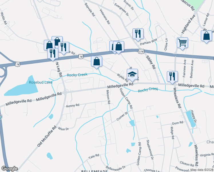map of restaurants, bars, coffee shops, grocery stores, and more near 3331 Milledgeville Road in Augusta