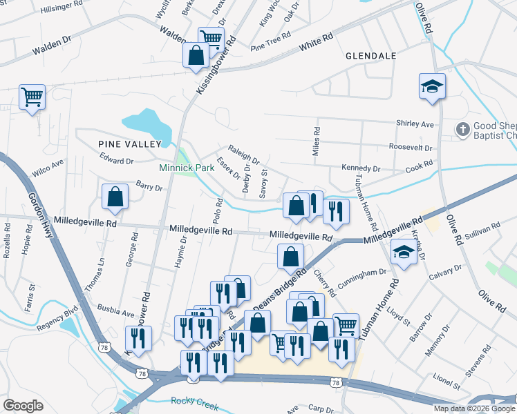 map of restaurants, bars, coffee shops, grocery stores, and more near 2245 Darlington Drive in Augusta