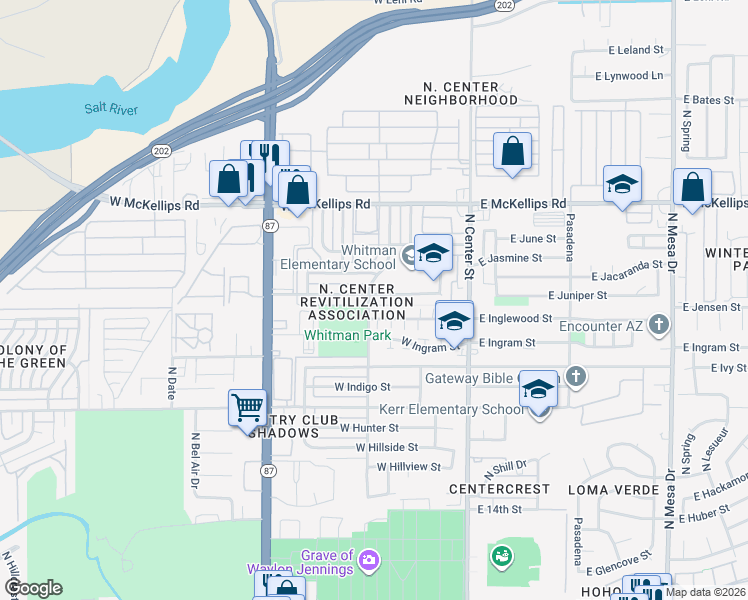 map of restaurants, bars, coffee shops, grocery stores, and more near 206 West Juniper Street in Mesa