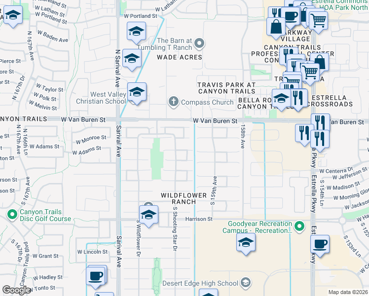 map of restaurants, bars, coffee shops, grocery stores, and more near 16059 West Monroe Street in Goodyear