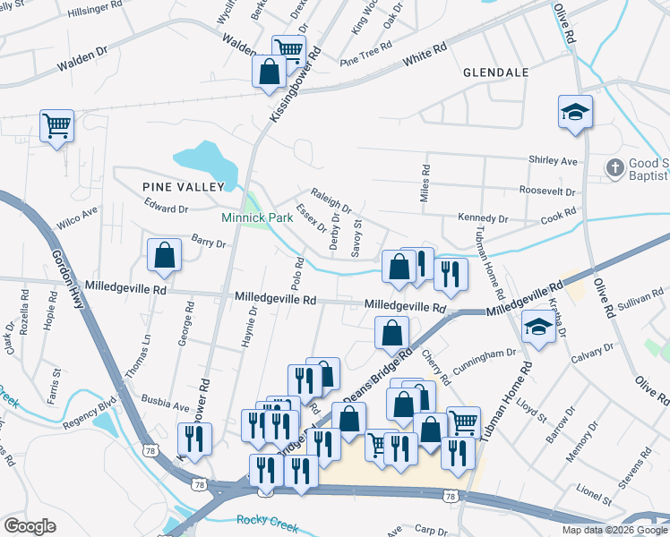 map of restaurants, bars, coffee shops, grocery stores, and more near 2245 Darlington Drive in Augusta
