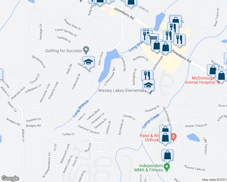map of restaurants, bars, coffee shops, grocery stores, and more near 103 Haskell Court in McDonough