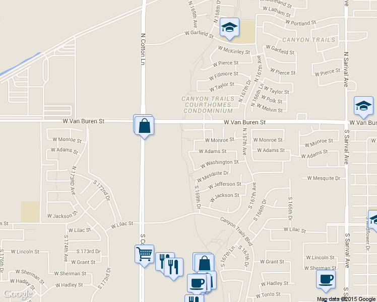 map of restaurants, bars, coffee shops, grocery stores, and more near 22466 W Adams St in Goodyear