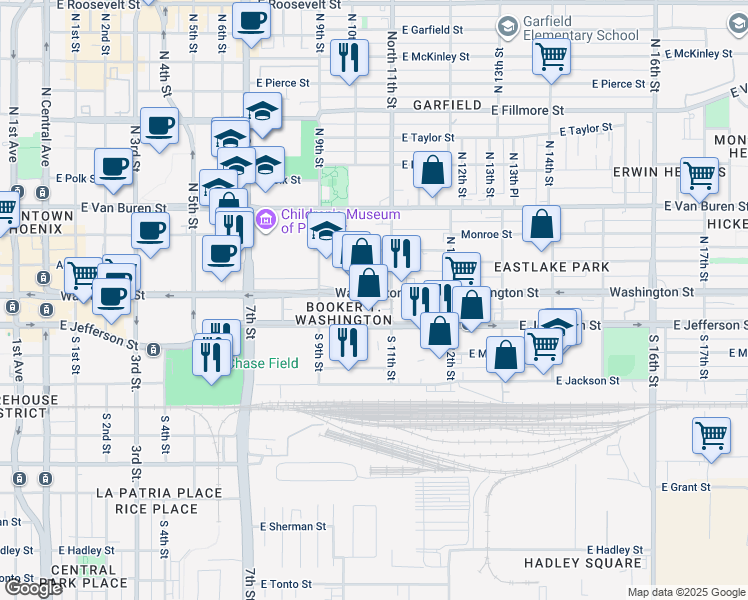 map of restaurants, bars, coffee shops, grocery stores, and more near 1012 East Washington Street in Phoenix