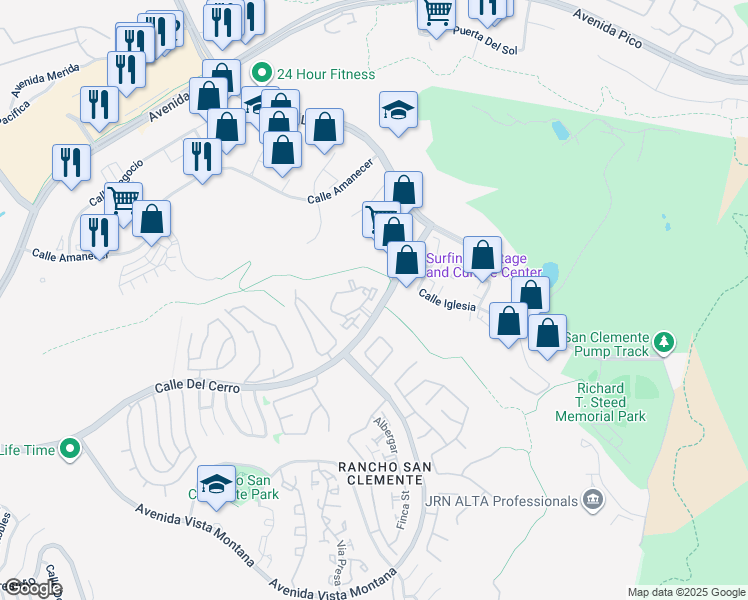map of restaurants, bars, coffee shops, grocery stores, and more near 1100 Calle Del Cerro in San Clemente