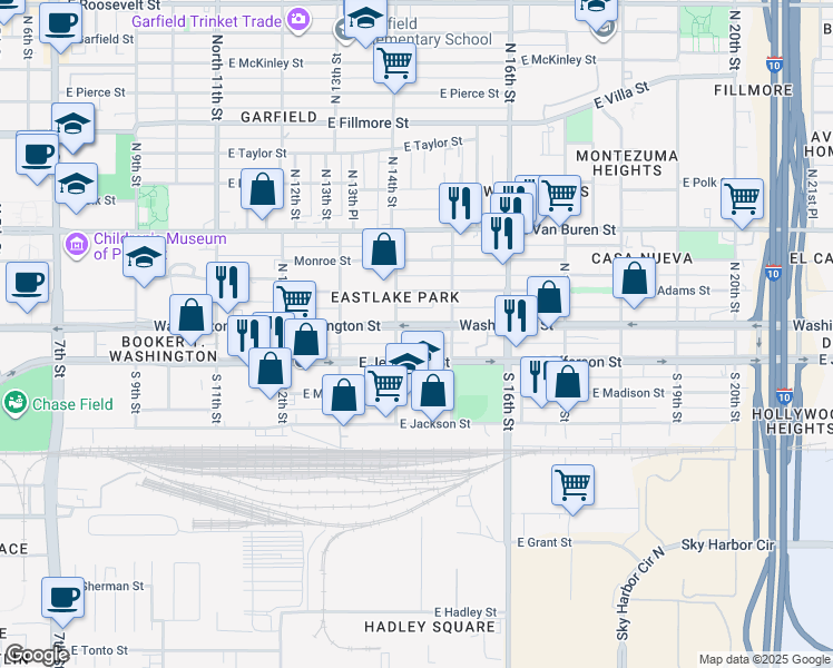 map of restaurants, bars, coffee shops, grocery stores, and more near 1410 East Washington Street in Phoenix