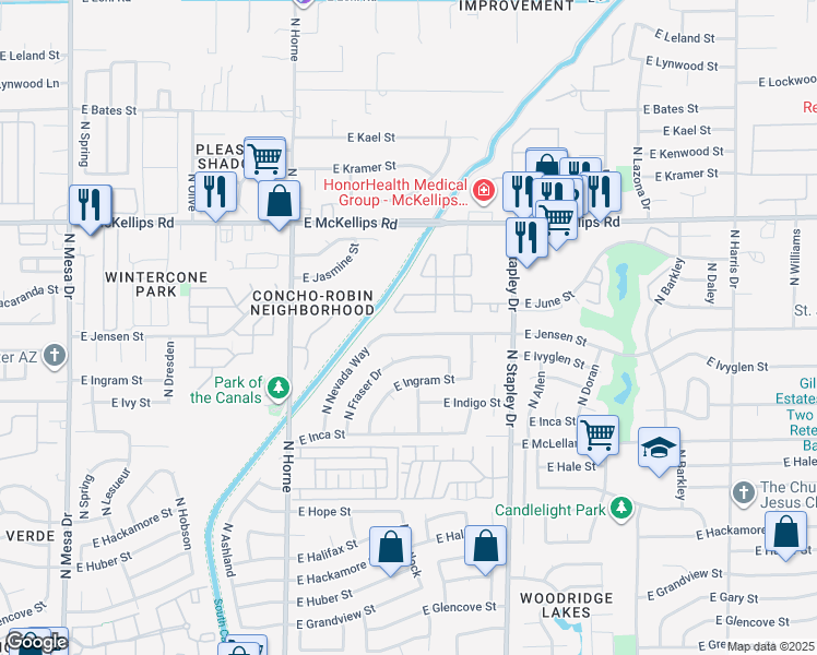 map of restaurants, bars, coffee shops, grocery stores, and more near 1004 East Jensen Street in Mesa