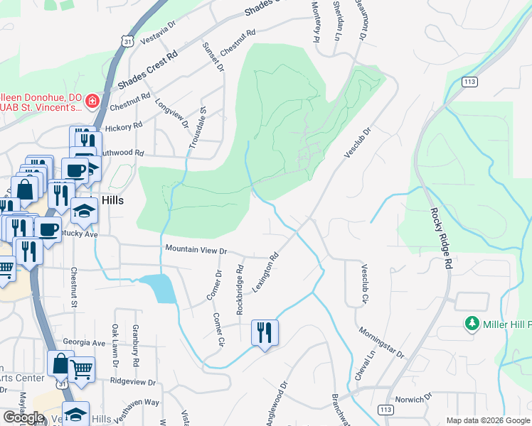 map of restaurants, bars, coffee shops, grocery stores, and more near 416 Vesclub Place in Vestavia Hills