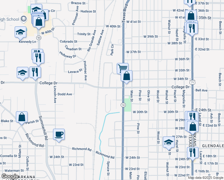 map of restaurants, bars, coffee shops, grocery stores, and more near 1019 College Drive in Texarkana