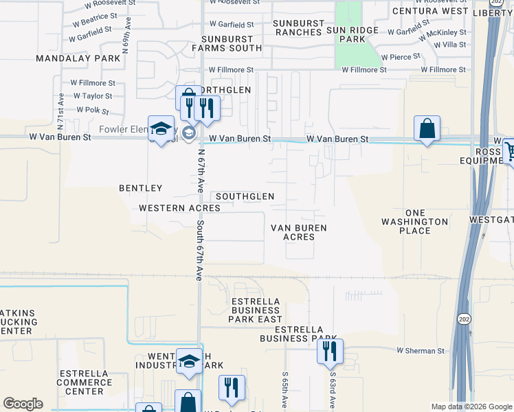 map of restaurants, bars, coffee shops, grocery stores, and more near 6516 West Adams Street in Phoenix