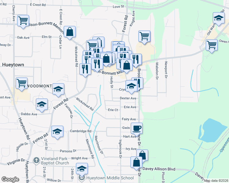 map of restaurants, bars, coffee shops, grocery stores, and more near 137 Crystal Avenue in Hueytown
