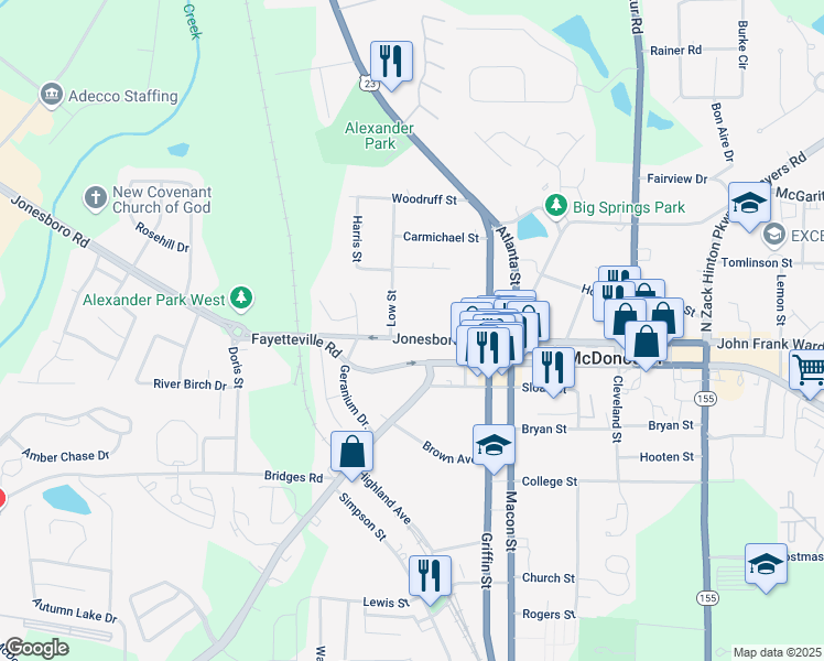 map of restaurants, bars, coffee shops, grocery stores, and more near 89 Jonesboro Street in McDonough