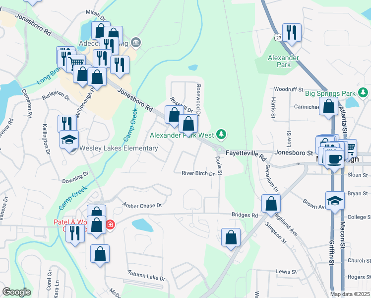 map of restaurants, bars, coffee shops, grocery stores, and more near 108 Taylor Knoll Way in McDonough