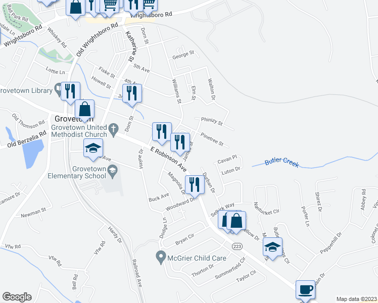 map of restaurants, bars, coffee shops, grocery stores, and more near 202 James Street in Grovetown