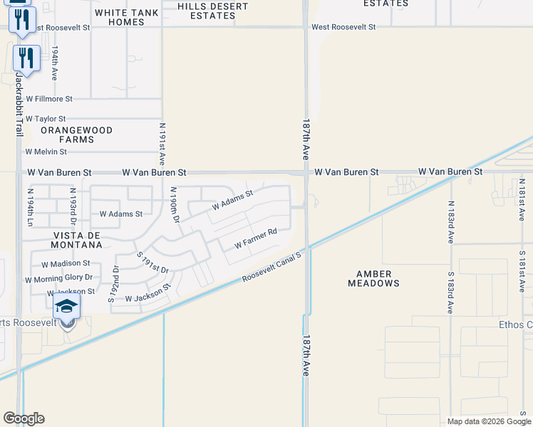 map of restaurants, bars, coffee shops, grocery stores, and more near 18701-18863 West Van Buren Street in Buckeye