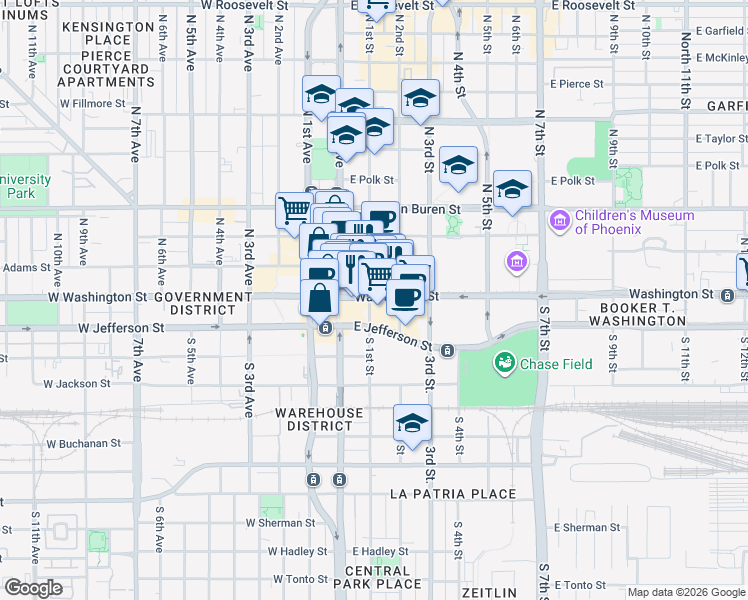 map of restaurants, bars, coffee shops, grocery stores, and more near 101 East Washington Street in Phoenix