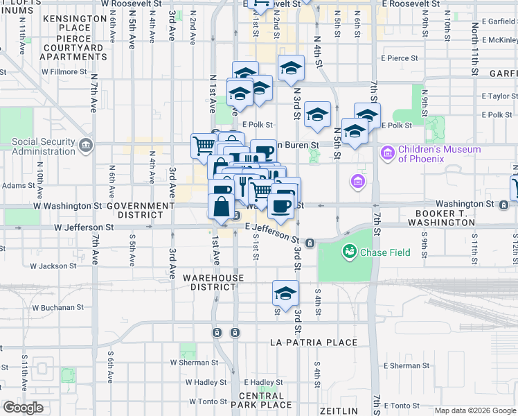 map of restaurants, bars, coffee shops, grocery stores, and more near 101 East Washington Street in Phoenix