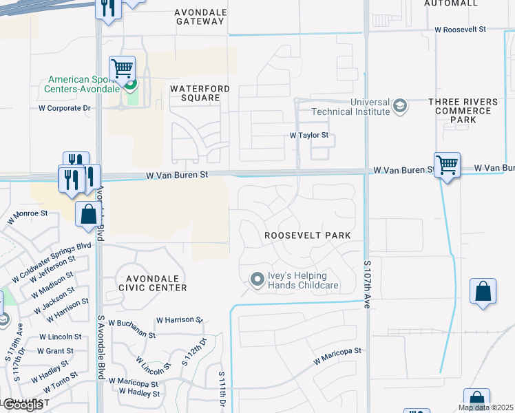 map of restaurants, bars, coffee shops, grocery stores, and more near 213 North 109th Drive in Avondale