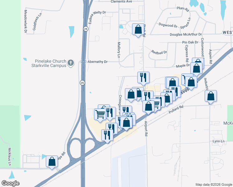 map of restaurants, bars, coffee shops, grocery stores, and more near 157-181 Crossgate Street in Starkville