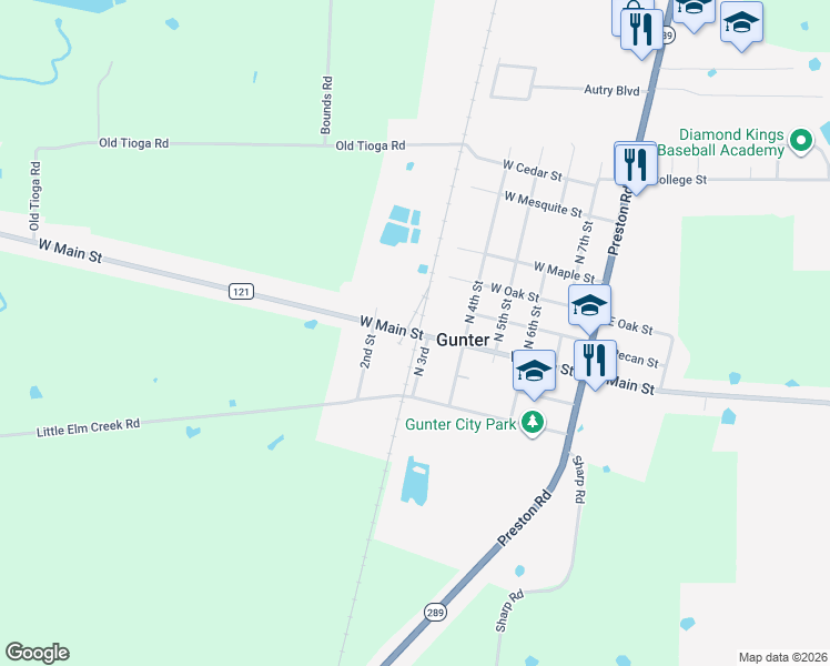 map of restaurants, bars, coffee shops, grocery stores, and more near 604 West Main Street in Gunter