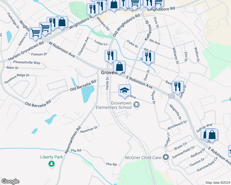 map of restaurants, bars, coffee shops, grocery stores, and more near 112 Ford Avenue in Grovetown