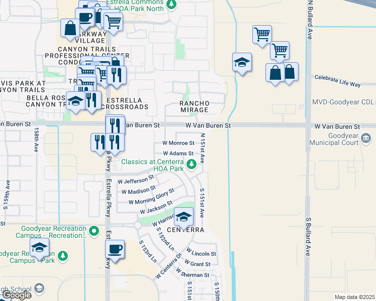 map of restaurants, bars, coffee shops, grocery stores, and more near 15159 West Monroe Street in Goodyear