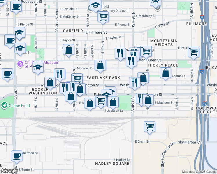 map of restaurants, bars, coffee shops, grocery stores, and more near 1410 East Washington Street in Phoenix