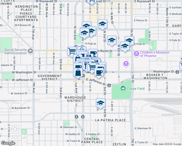 map of restaurants, bars, coffee shops, grocery stores, and more near 1 North 1st Street in Phoenix