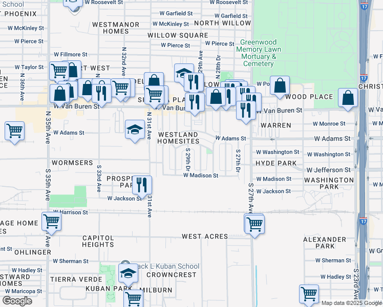 map of restaurants, bars, coffee shops, grocery stores, and more near 2901 West Washington Street in Phoenix