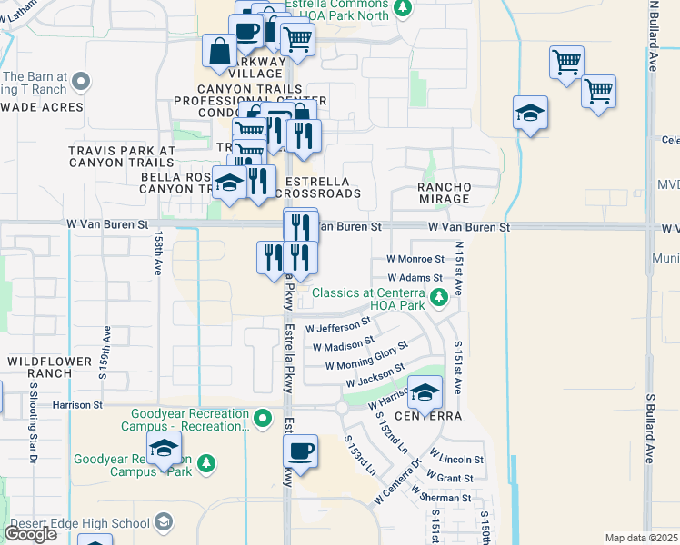 map of restaurants, bars, coffee shops, grocery stores, and more near 15390 West Centerra Drive in Goodyear