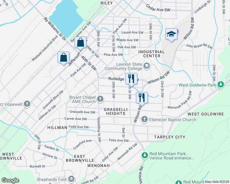 map of restaurants, bars, coffee shops, grocery stores, and more near 3743 Viola Avenue Southwest in Birmingham
