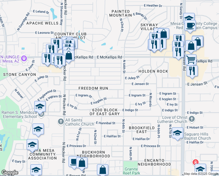 map of restaurants, bars, coffee shops, grocery stores, and more near 6209 East McKellips Road in Mesa
