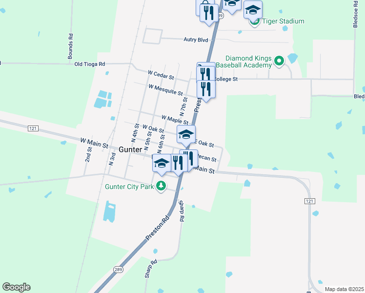 map of restaurants, bars, coffee shops, grocery stores, and more near 100 West Pecan Street in Gunter
