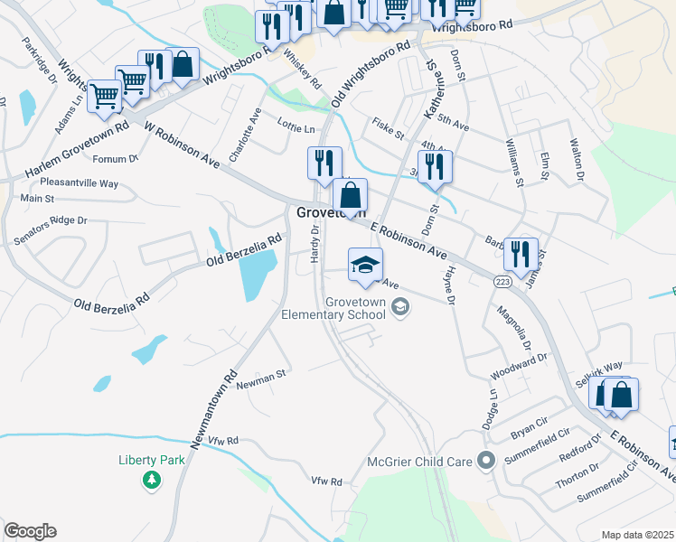 map of restaurants, bars, coffee shops, grocery stores, and more near 112 Ford Avenue in Grovetown