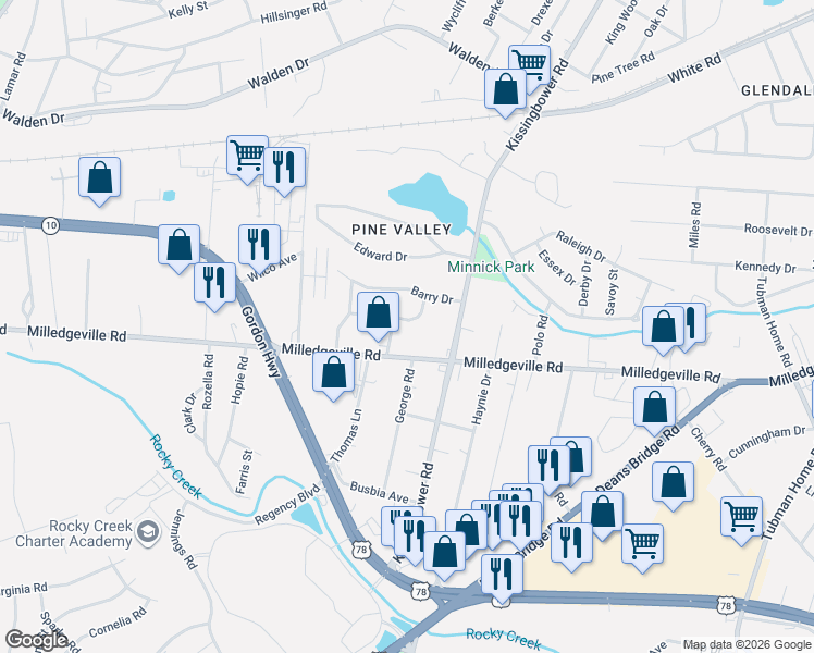 map of restaurants, bars, coffee shops, grocery stores, and more near 2713 Pine Valley Road in Augusta