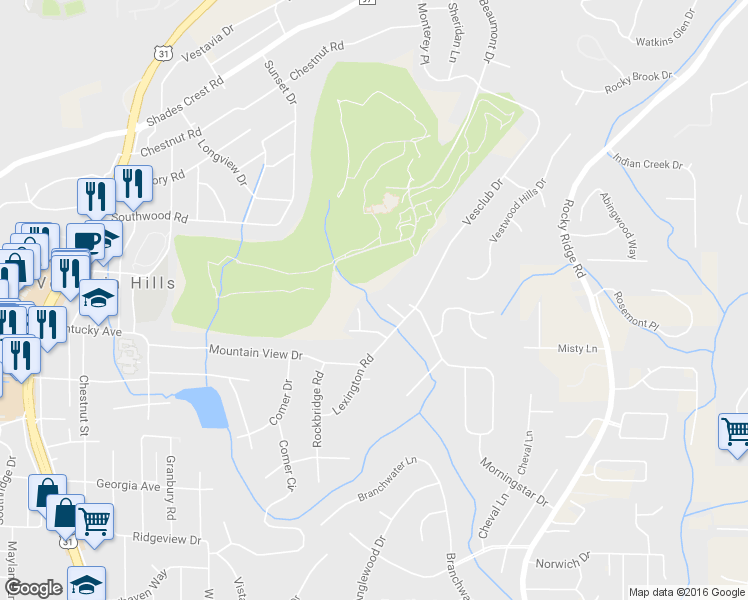 map of restaurants, bars, coffee shops, grocery stores, and more near 416 Vesclub Place in Vestavia Hills