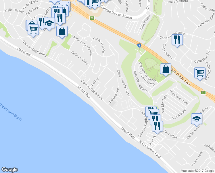 map of restaurants, bars, coffee shops, grocery stores, and more near 35414 Via De Daum in Dana Point