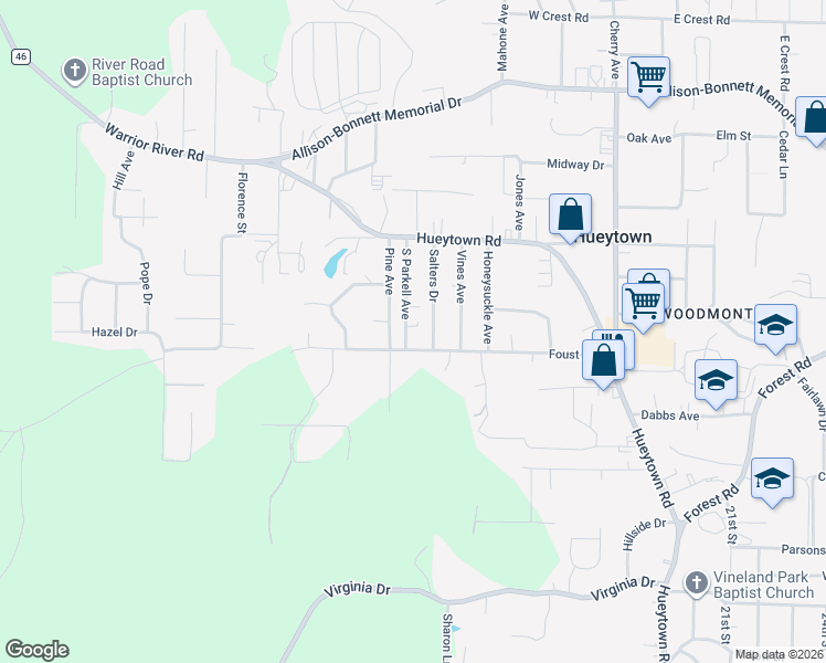 map of restaurants, bars, coffee shops, grocery stores, and more near 624 South Parkell Avenue in Hueytown