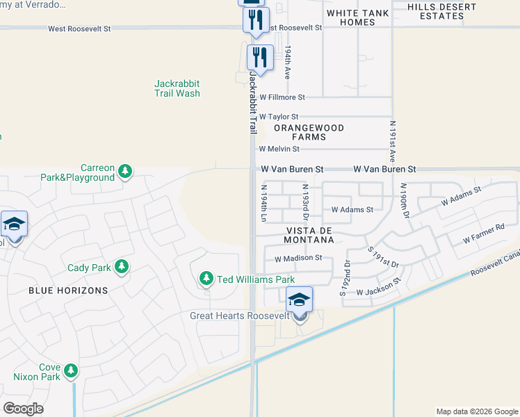 map of restaurants, bars, coffee shops, grocery stores, and more near 68 North 194th Lane in Buckeye
