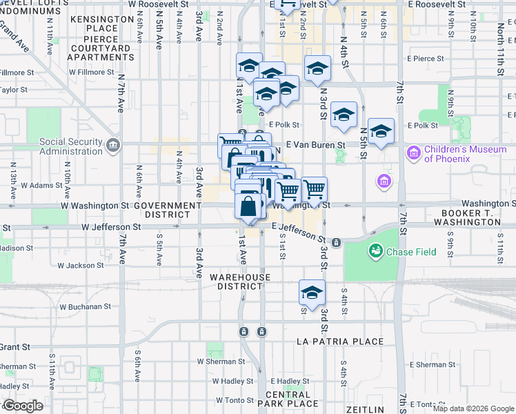 map of restaurants, bars, coffee shops, grocery stores, and more near 2 North Central Avenue in Phoenix