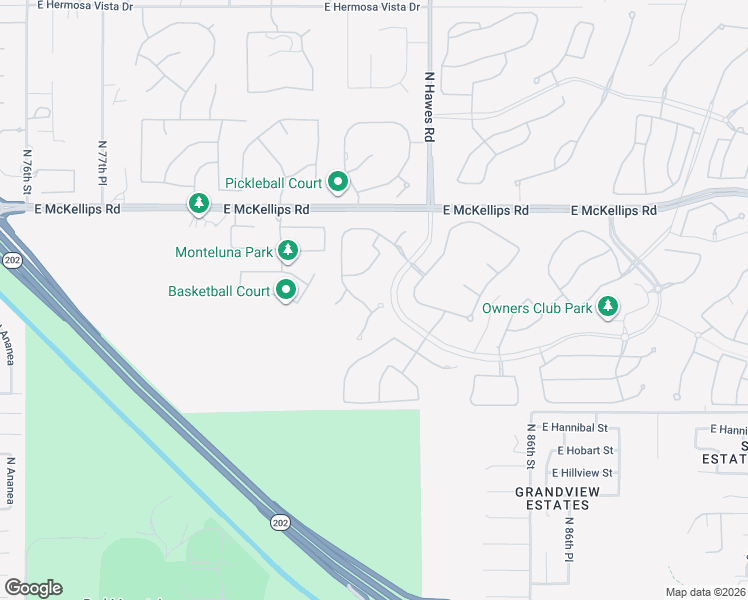 map of restaurants, bars, coffee shops, grocery stores, and more near 8346 East Jensen Circle in Mesa