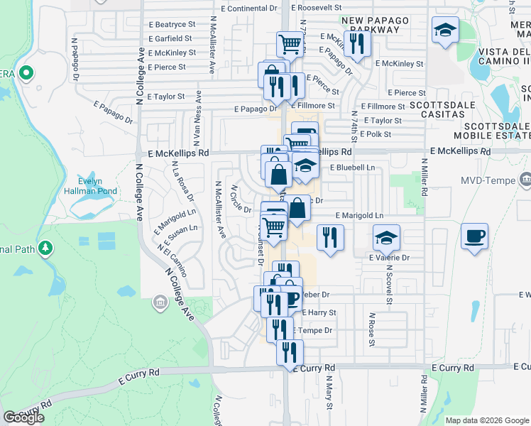 map of restaurants, bars, coffee shops, grocery stores, and more near 1652 North Scottsdale Road in Tempe