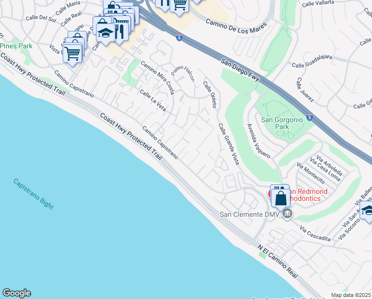 map of restaurants, bars, coffee shops, grocery stores, and more near 27515 Via Valor in Dana Point