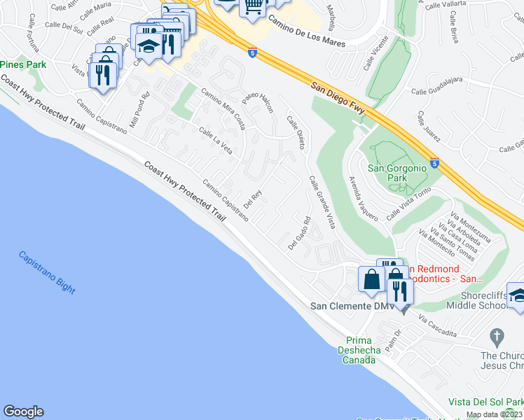 map of restaurants, bars, coffee shops, grocery stores, and more near 27515 Via Valor in Dana Point