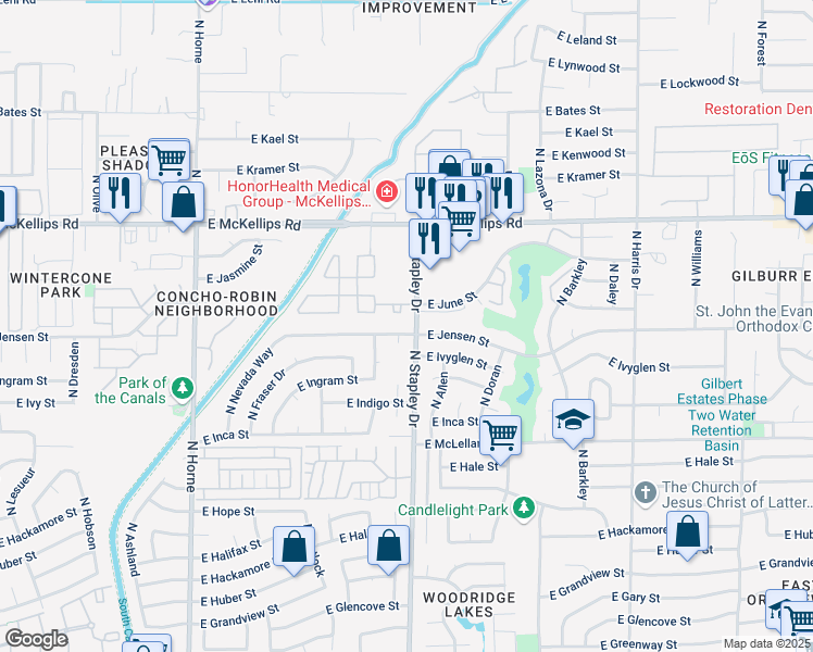 map of restaurants, bars, coffee shops, grocery stores, and more near 1836 North Stapley Drive in Mesa