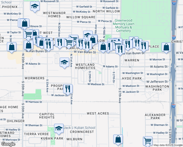 map of restaurants, bars, coffee shops, grocery stores, and more near 2901 West Washington Street in Phoenix