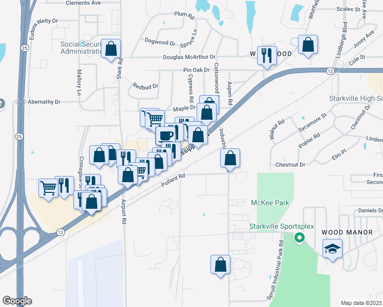 map of restaurants, bars, coffee shops, grocery stores, and more near 807 Mississippi 12 in Starkville